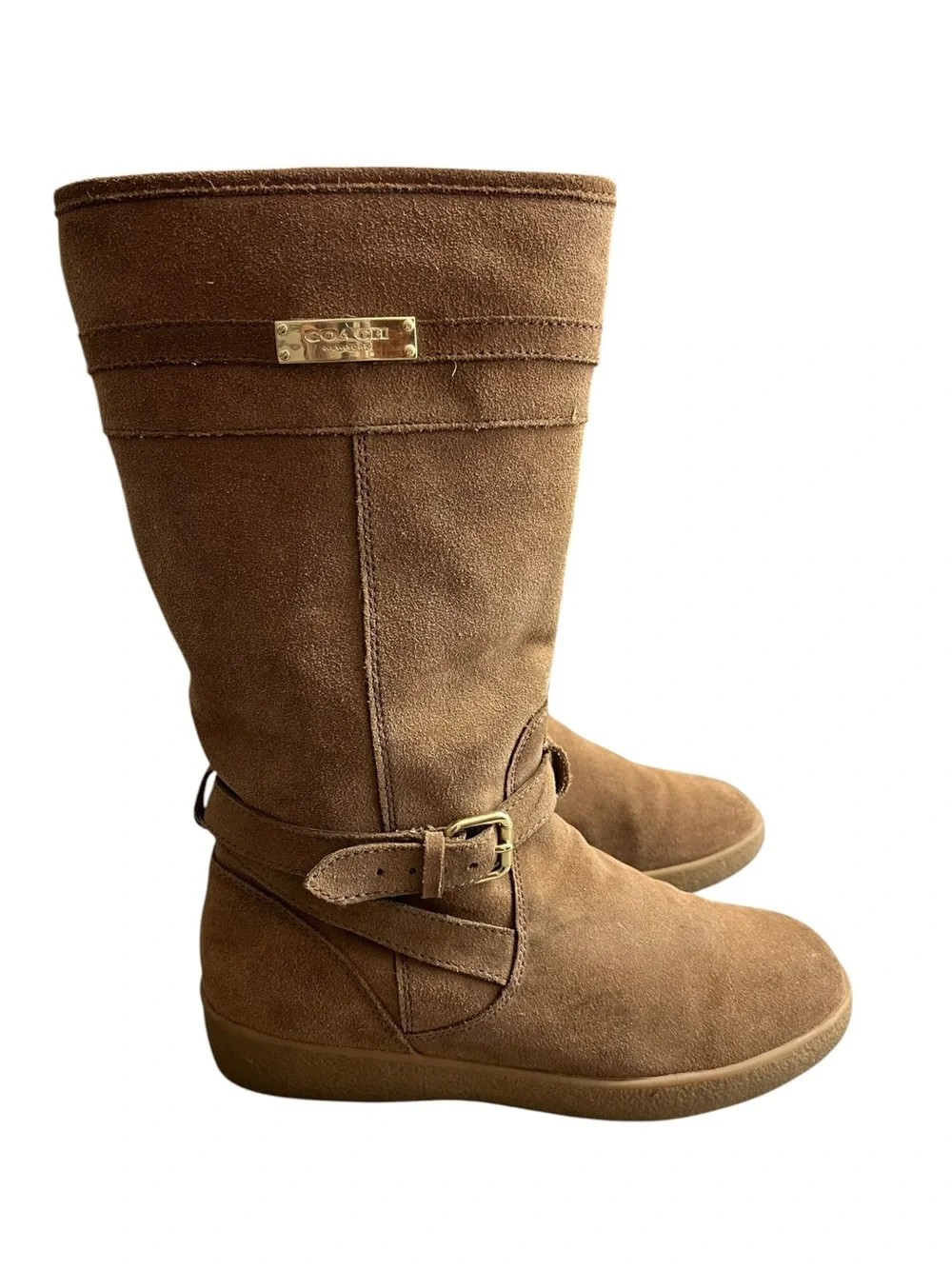 Coach Tallulah Boots Women’s 7 B Brown Suede Shearling Mid Calf Buckle Gold Logo